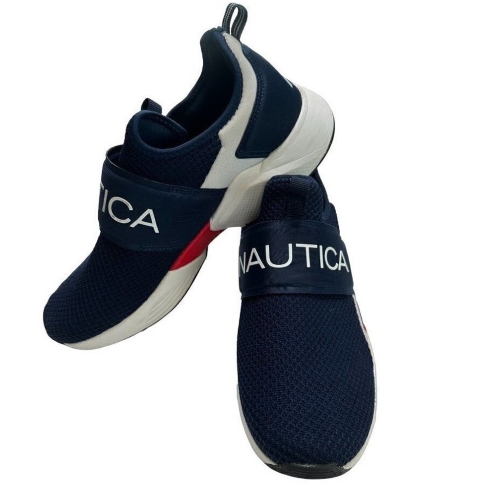 Nautica Mens Slip On Mesh Sneakers Navy Blue White Red Logo Strap